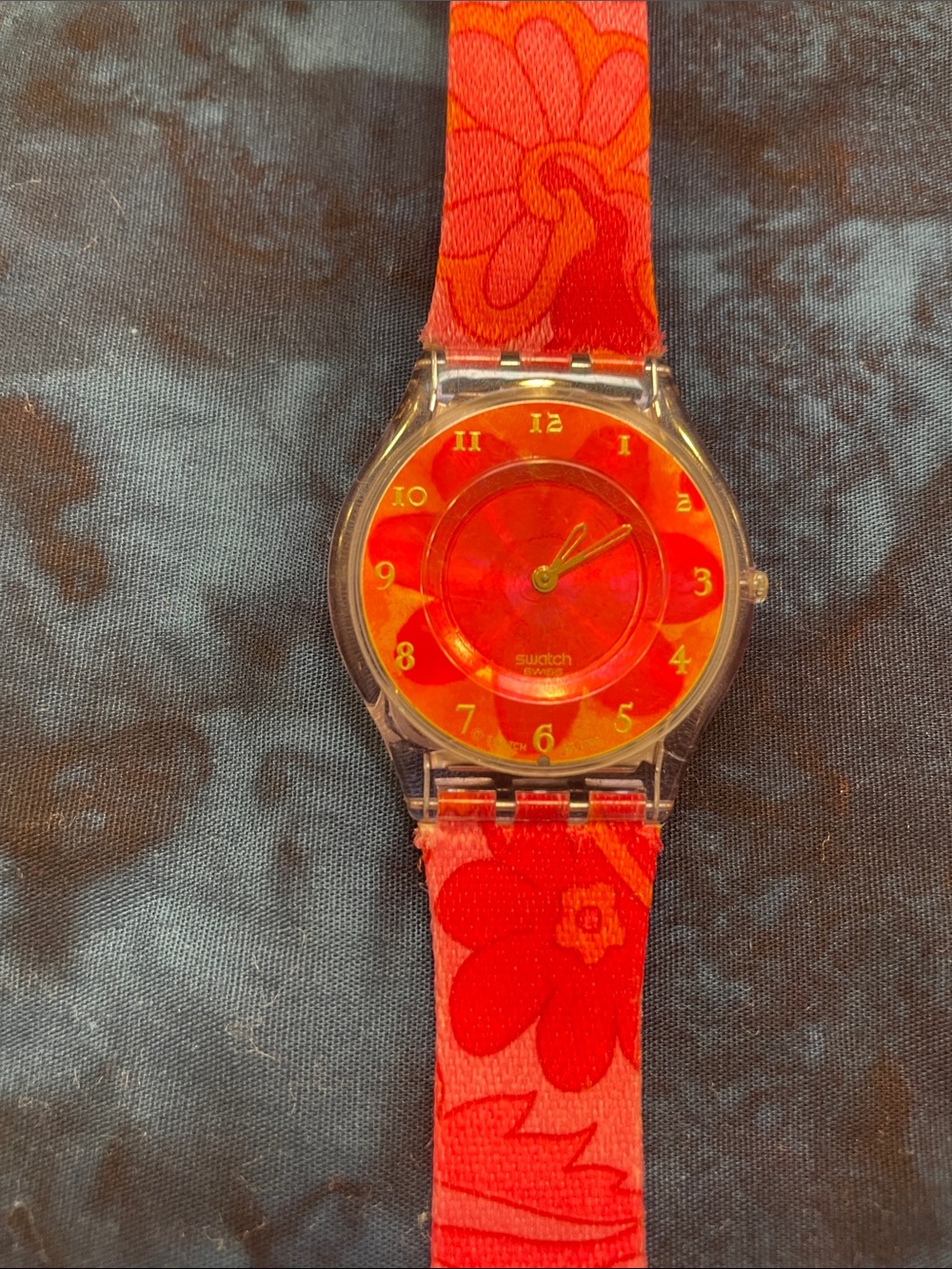 Swatch Watch thin lightweight mode,  textile multi-color wristband.